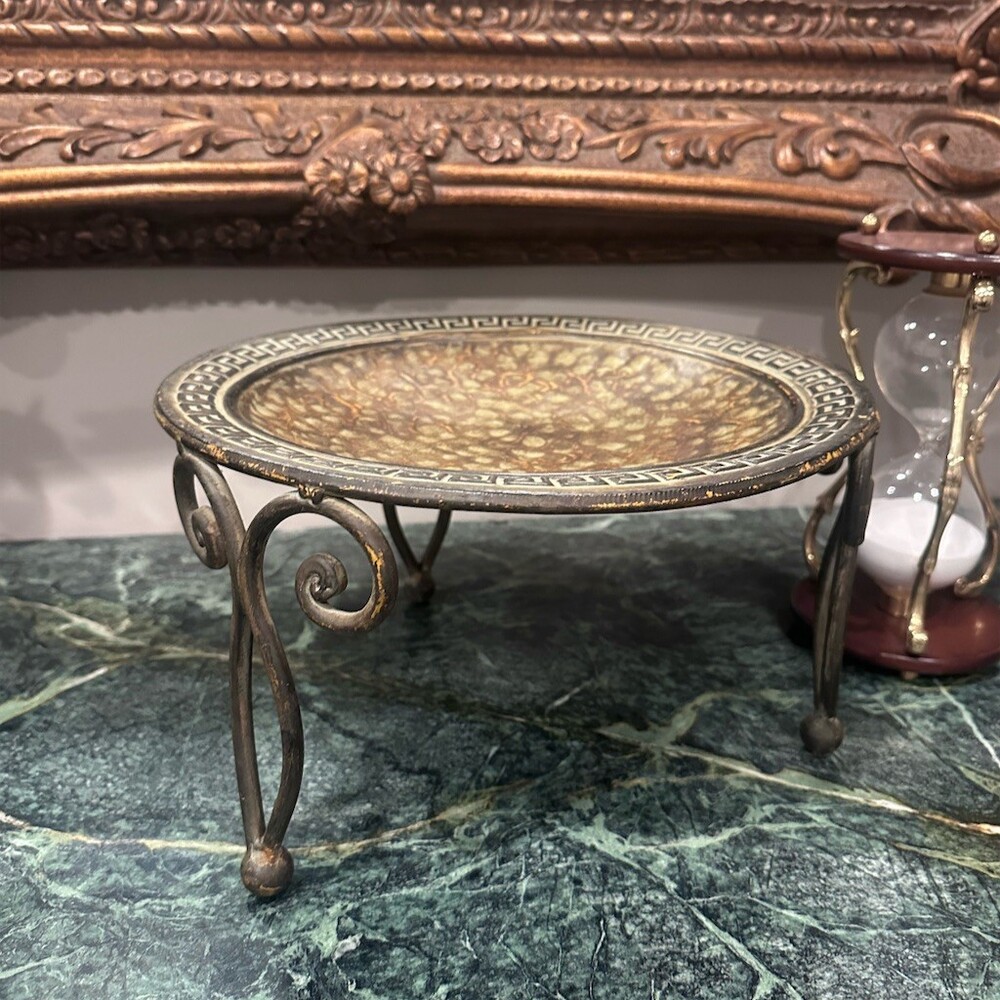 Sold-Round Tray-Top Pedestal Stand Greek Key Rim Scroll Legs